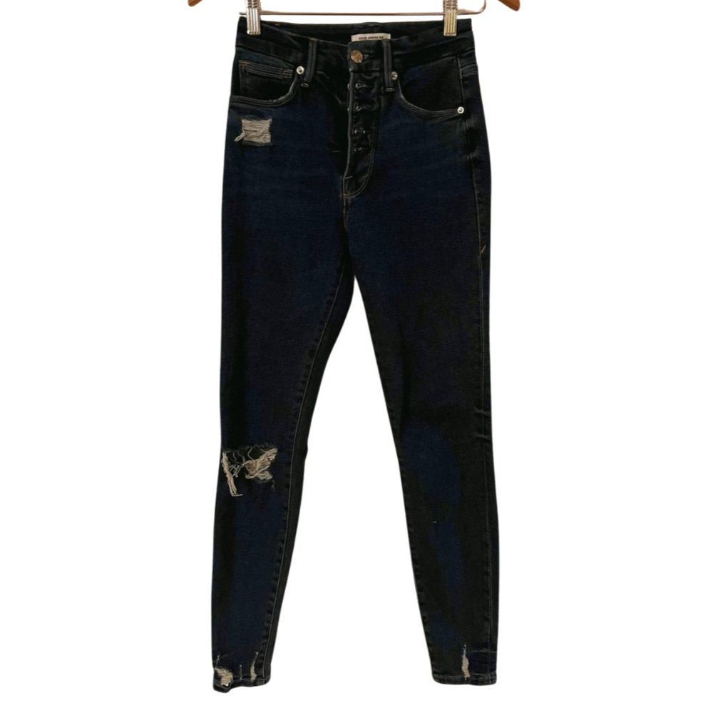 Good American Good Waist Jeans Sz 0 / 25 Distressed Button Fly Pristine